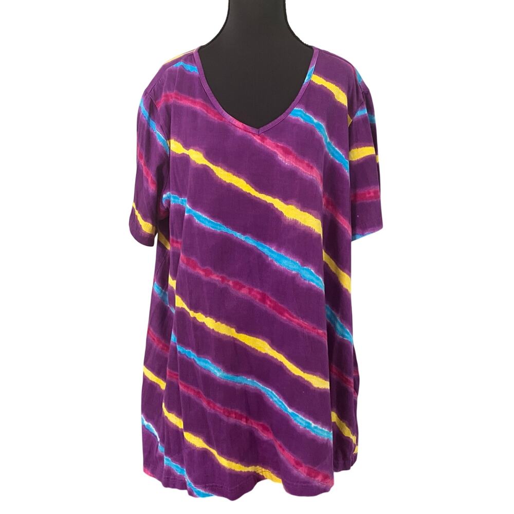 Ulla Popken Purple Tie Dye Stripe V Neck Cotton Tunic T Shirt Plus Size 16/18